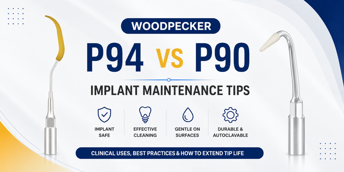 Woodpecker P94 vs P90 implant maintenance tips comparison showing PEEK ultrasonic scaler tips for dental implant cleaning and peri-implant maintenance